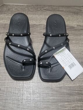 Crocs Miami Studded Toe Loop Sandals Black Women's Size 6